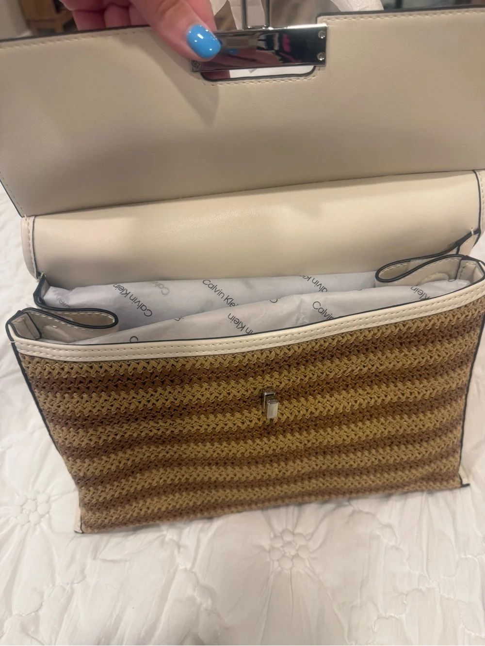 Calvin Klein Cream & Brown Straw Satchel